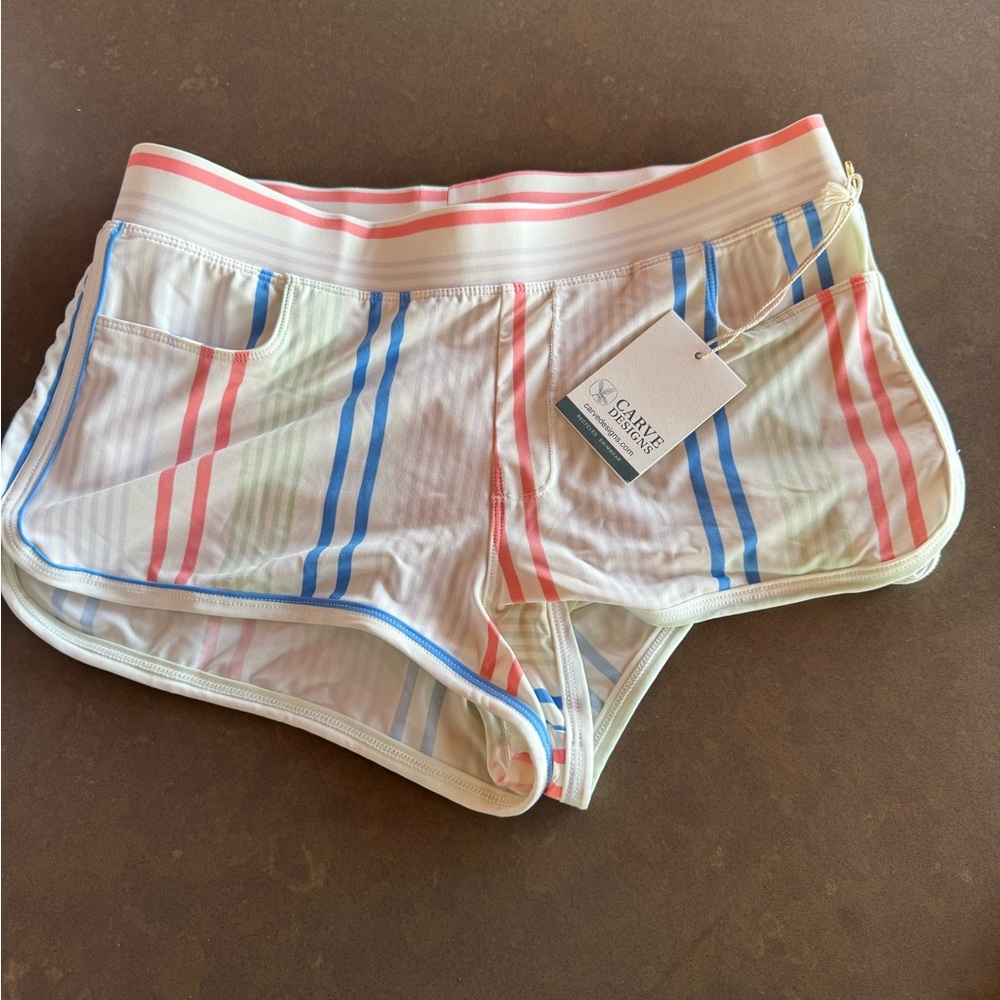 Carve Designs Women's Striped Shorts - White with Pink and Blue size small
